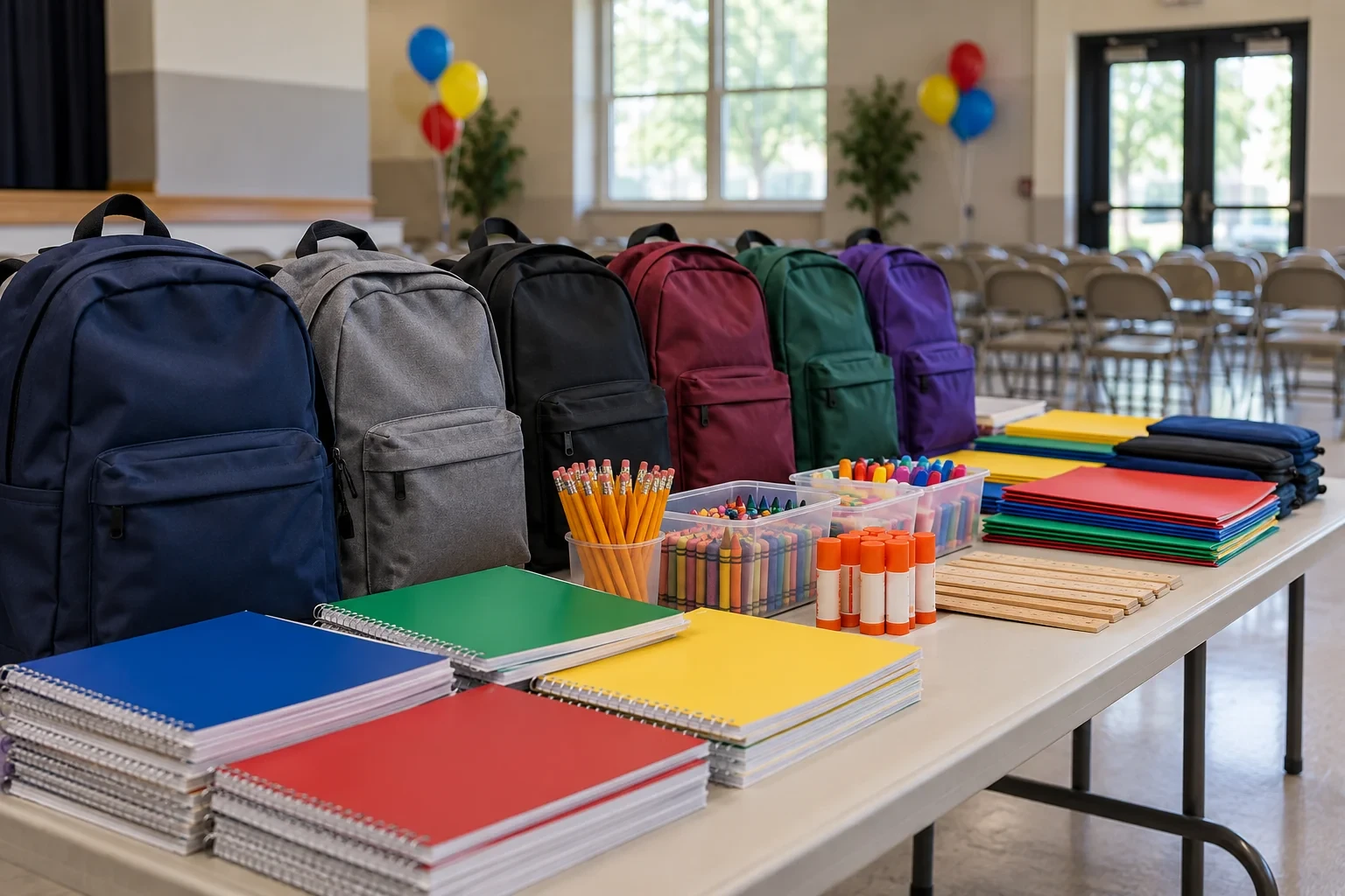 Backpacks and school supplies set out for a back-to-school giveaway