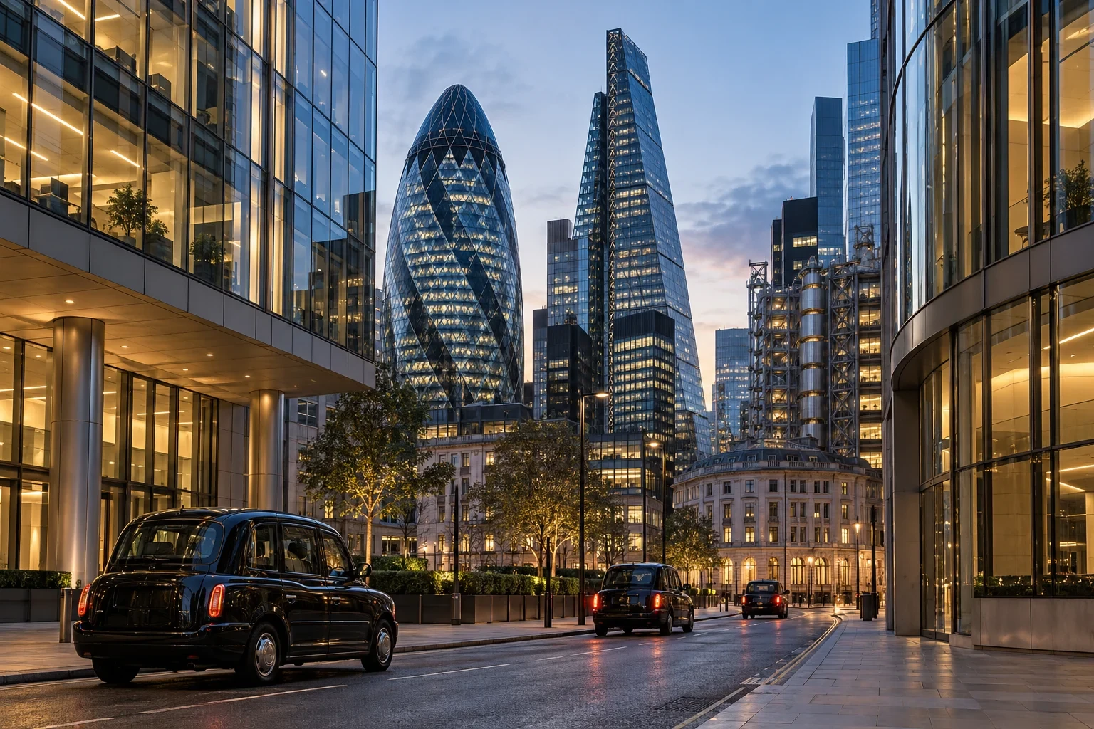 Office towers in the City of London financial district at dusk