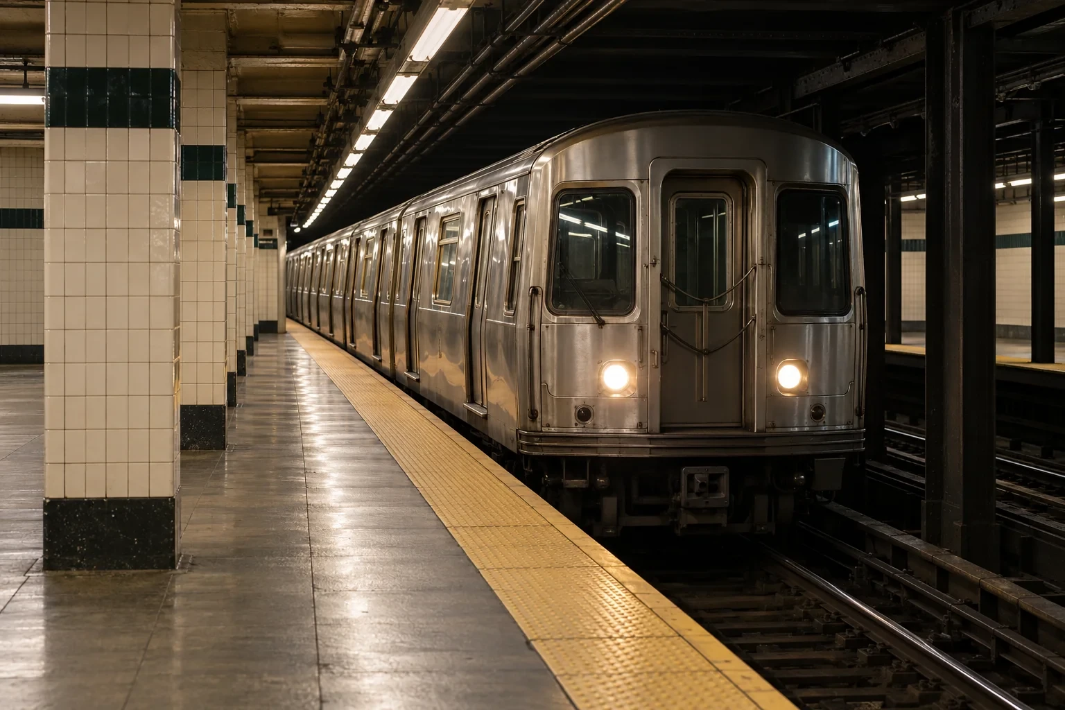 A New York City subway train arriving at a station platform